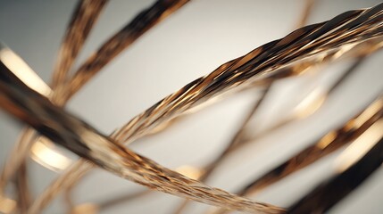 Golden intertwined flowing liquid strands, abstract view, against a pale background