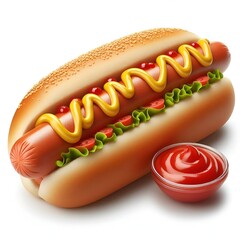 A perfectly assembled hot dog sits with mustard, ketchup, lettuce and bun ready for consumption.