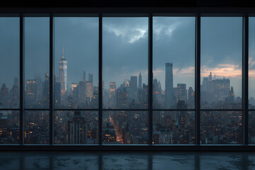 Dramatic City Skyline View Through Large Glass Windows at Dusk