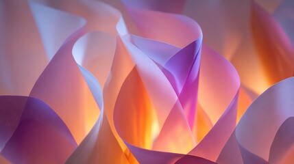 Abstract layered paper with warm orange/purple glow, soft light/shadows