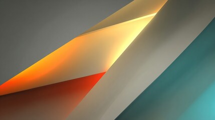Abstract geometric artwork featuring intersecting, diagonally-oriented planes in shades of orange, red, beige, and teal, with a subtle glow effect