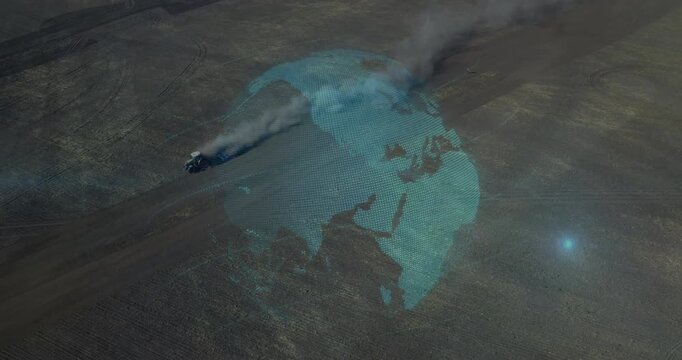 Globe materializing rotating over field while tractor plowing diagonally visualizing global farming