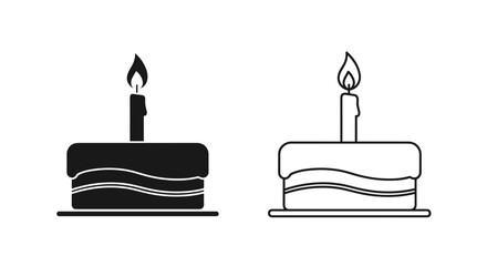 Two simple cake illustrations with a single candle on top in monochrome style
