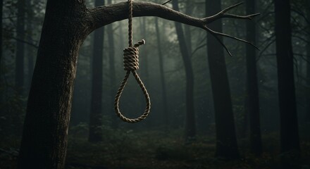 Dark Forest Scene with Tree and Noose Hanging from Branch