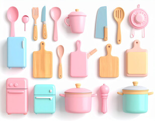 Pastel-colored kitchenware and appliances arranged on a white background.  A cheerful collection of miniature cooking tools and small refrigerators.