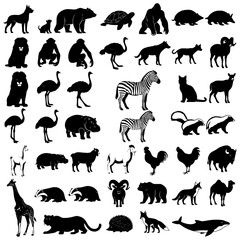 set of animals silhouettes vector icon , A collection of various animal silhouettes including mammals birds and reptiles 