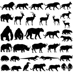 animals vector silhouettes icon, a collection of various animal silhouettes including mammals and reptiles 