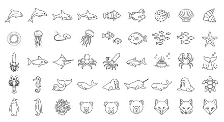 set of sea creatures and animals vector silhouettes icon  in outline drawing style 
