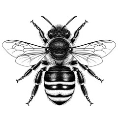 a bee with wings spread vector icon , 
Detailed black and white drawing of a bee with wings spread on white background