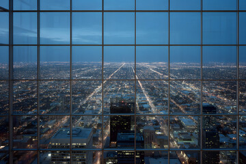 City skyline at dusk with illuminated buildings and expansive view