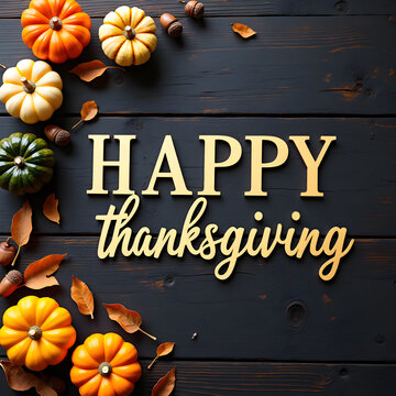 Happy Thanksgiving Gold Lettering on Rustic Wood with Pumpkin Arrangement | Autumn Greeting Card Background with Acorns and Fall Leaves
