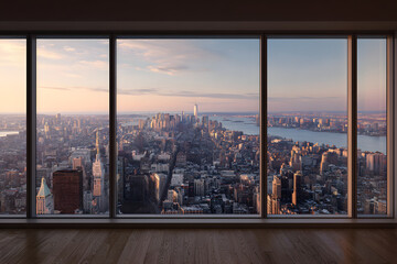 Breathtaking Cityscape View Through Modern Windows at Sunset