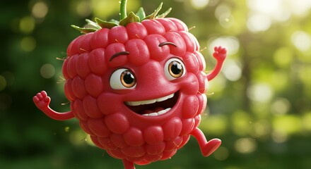 Animated Raspberry Character with Cheerful Expression in Outdoor Garden Setting