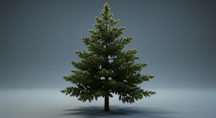Green Fir Tree with Dense Branches and Conical Shape on Gray Background