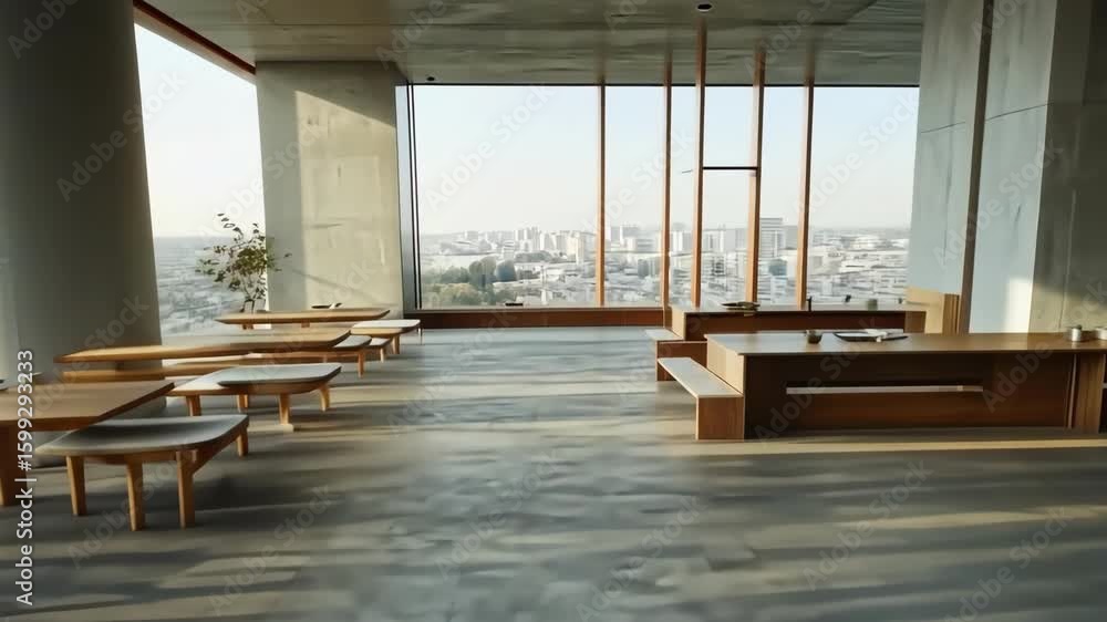 Poster sunlit cafe interior: spacious seating with tables and large windows with city view.