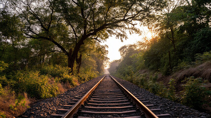 Fototapeta premium Railroad Tracks Through Forest At Sunset