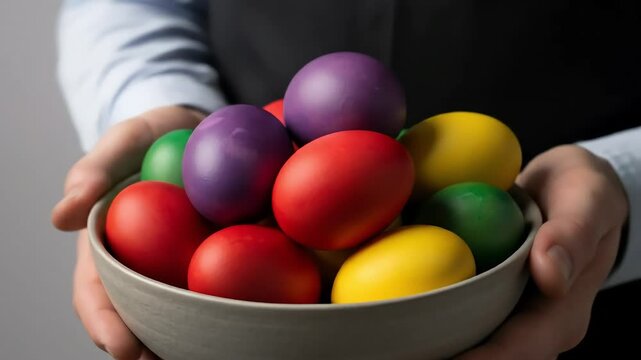 Person Holding a Gray Bowl Filled with Various Colorful Easter Eggs against Gray Background
