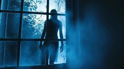 Eerie silhouette of a ghostly figure at window in haunted house with fog. Halloween, fear, horror. - Powered by Adobe