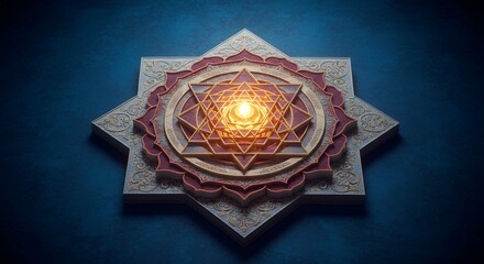 Intricate Sacred Geometric Mandala with Glowing Center on Blue Surface