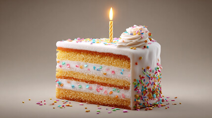 Realistic stylized 3D slice of birthday cake with candle, frosting layers, and colorful sprinkles