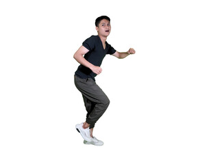 A young Asian man in a dynamic running pose with a surprised or excited expression on a white background.