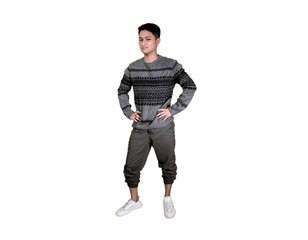 A full body wearing a sweater is standing while smiling.