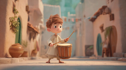 Cute 3D animated sahur drummer boy hitting a small bedug drum in a peaceful village street 