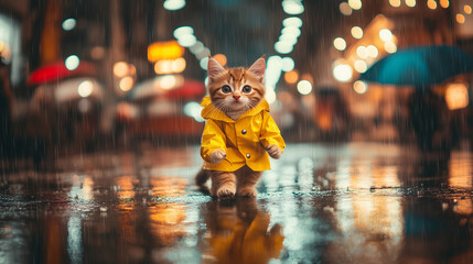 Cute Wet Kitten in Raincoat Under Neon Lights