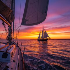 Sailboats at Sunset on Calm Ocean Water