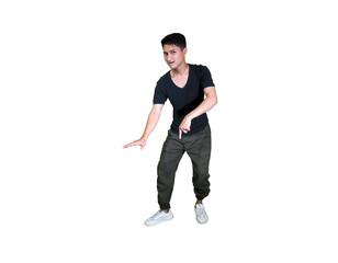 A casually dressed young man is showing something below him while smiling.