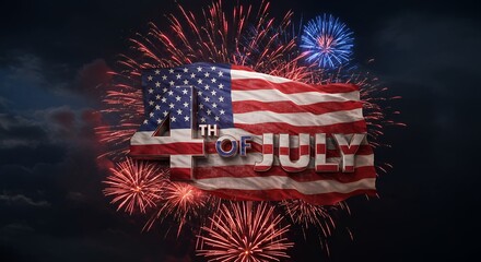 Celebration of Fourth of July with Fireworks and American Flag in Night Sky