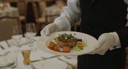 Presenting Gourmet Meal Fine Dining Service Restaurant Dish