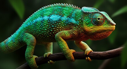 Obraz premium Colorful Chameleon Perched on Branch in Natural Environment