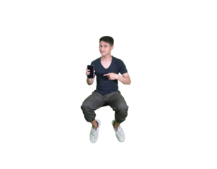 A young man dressed casually in a squatting pose, showing a promotional app smartphone.