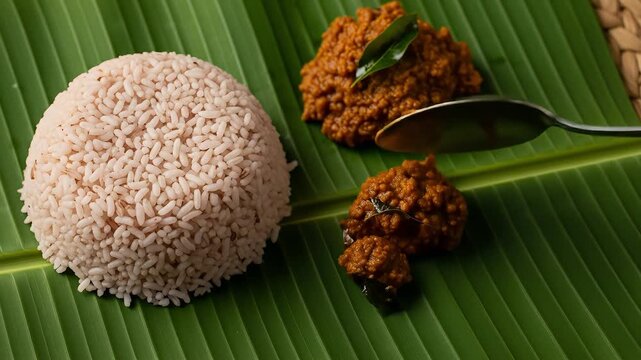 Traditional Kerala Meal with Rice and Curry Served on a Green Palm Leaf with a Stainless Steel Spoon