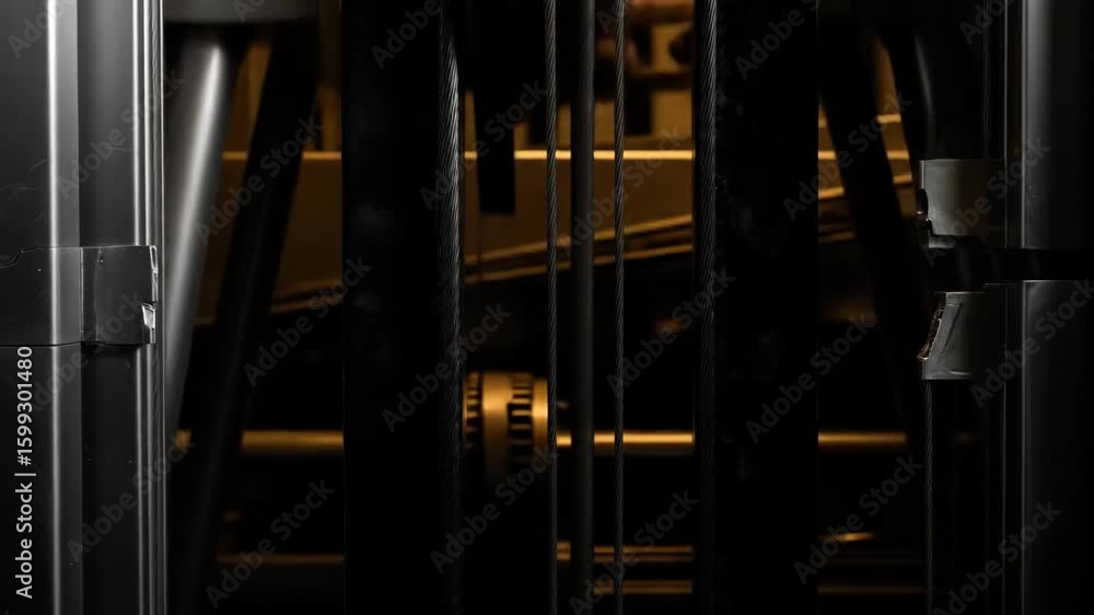 Poster abstract steel elevator mechanism background with machine elements and metal structure.