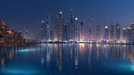 Fototapeta premium Scenic Night View of Modern City Skyline Reflected in Water