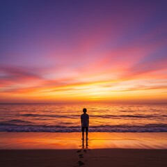 Silhouette of a Child Watching Vibrant Sunset at Ocean Beach