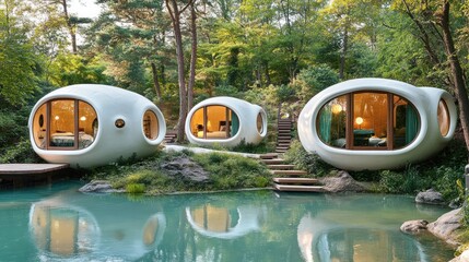 Serene, modern pods nestled in tranquil forest