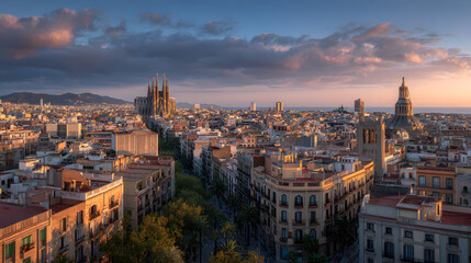 Stunning Sunset Over Barcelona Cityscape with Sagrada Familia View