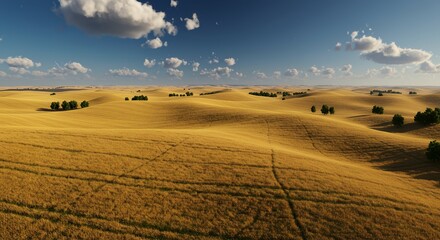 Obraz premium Golden Wheat Fields Under Bright Blue Sky with Fluffy Clouds in Rural Landscape