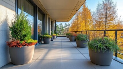 Modern balcony with autumnal landscaping