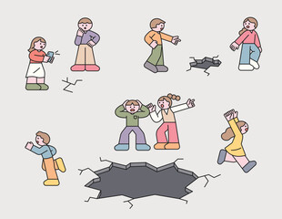 People reacting with shock and panic to a large sinkhole and cracks on the ground, illustrating urban danger and emergency.