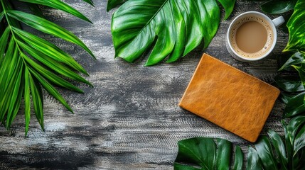 Tropical workspace with coffee and journal