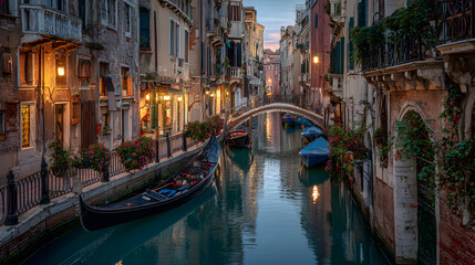 Serene Evening in a Venetian Canal with Colorful Buildings and Boats
