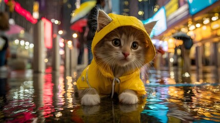 Little Cat in Yellow Coat Standing in Puddle on Rainy Night