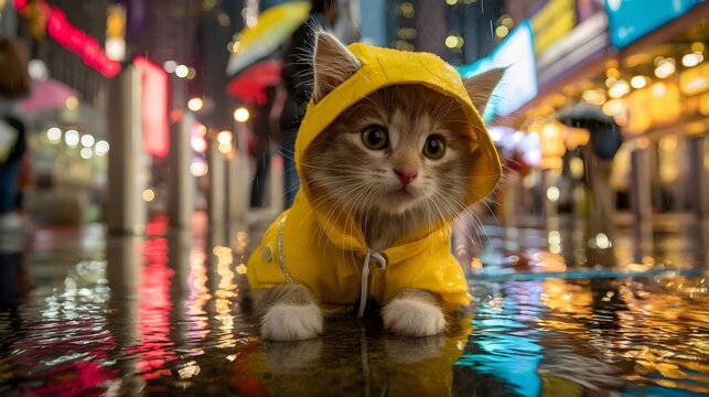 Little Cat in Yellow Coat Standing in Puddle on Rainy Night - Powered by Adobe