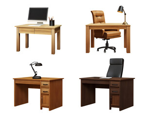 The image shows four different styles of wooden office desks each featuring various office supplies, such as lamps, keyboards, and notebooks.