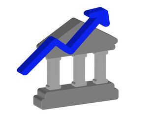 Simple 3D icon of a bank with an upward arrow, transparent background, PNG format