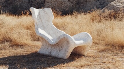 Sculptural white marble lounge chair in a sun-drenched desert landscape